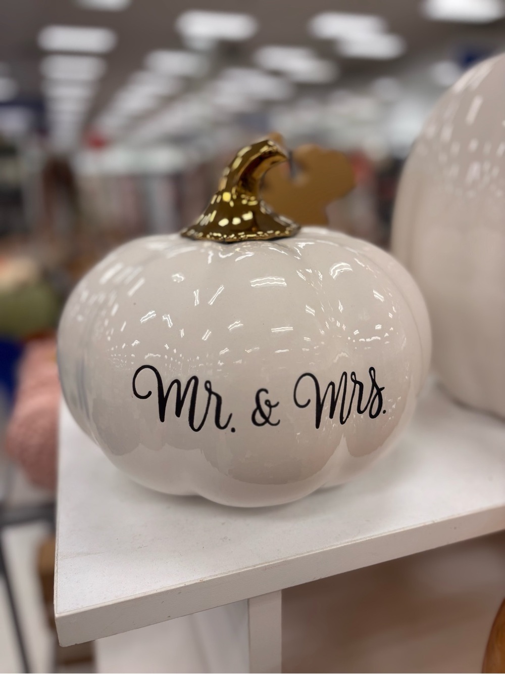 Mr. & Mrs. Ceramic Pumpkin Wedding Accent - White with Gold Stem